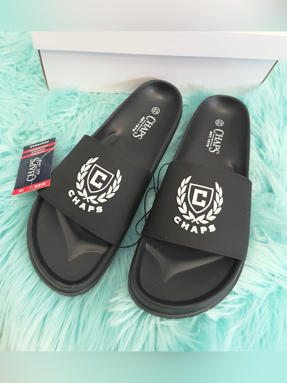 Black Slide Men’s Sandals with White Crest Chaps Logo Sz 12 NEW!